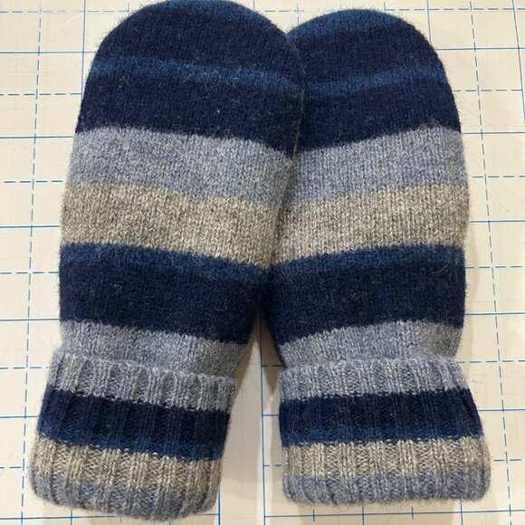 100% Felted Shetland Wool handcrafted Mittens - Navy, Gray, Blue Strip - Picture 5 of 6